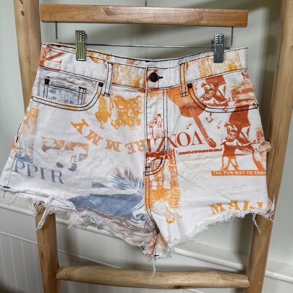BDG Pants - BDG Urban Outfitters Pitched Waist Graphic Print Denim Shorts White Orange Sz 29